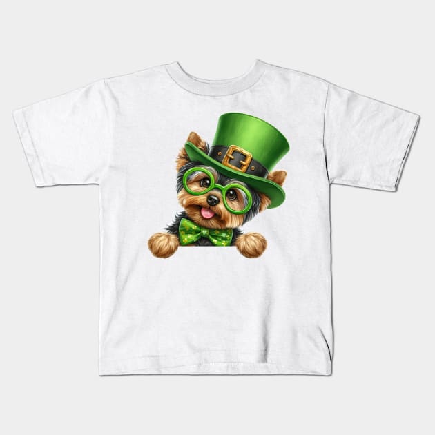 St Patricks Day Peeking Yorkshire Terrier Dog Kids T-Shirt by Chromatic Fusion Studio